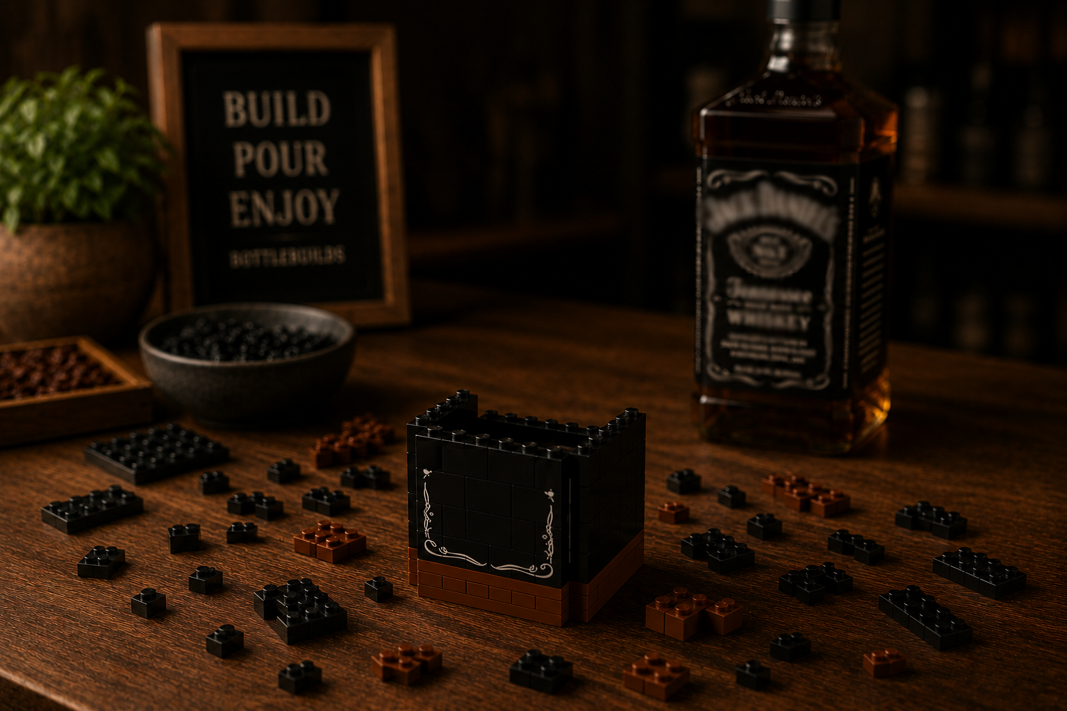 Brick bottle model under construction on a wooden table, representing the creative process behind Bottle Builds